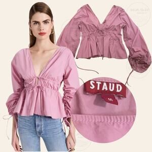STAUD M Shelby Top Pink | Feminine Peplum, Bows Balloon Puff Cottage Blouse $275